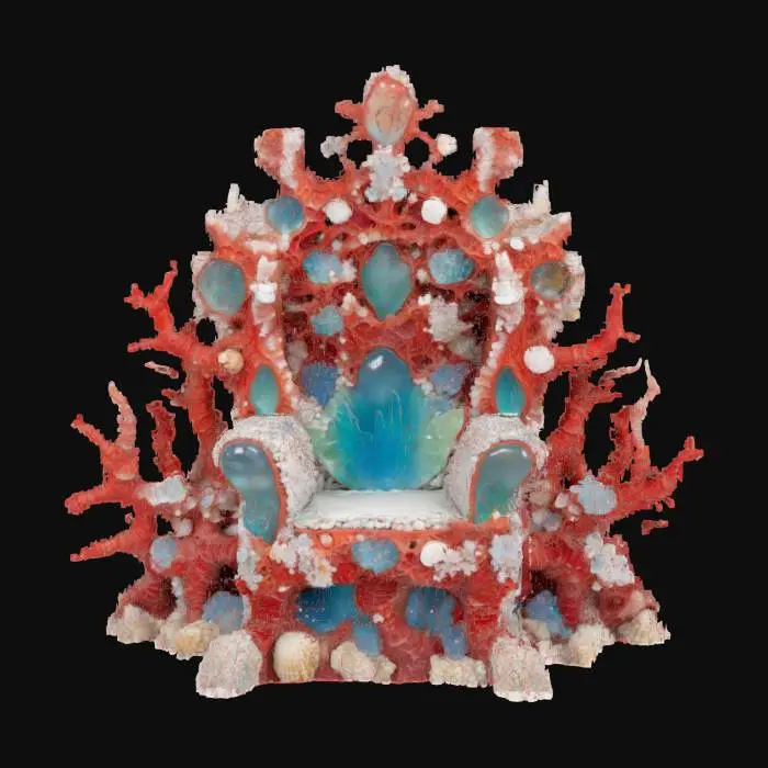 3D model for A fantasy throne intricately formed from gnarled, branching coral in vibrant reds and whites, interspersed with various pearlescent shells. Sharp, translucent sea crystals in shades of blue and green are embedded throughout, adding a magical sparkle. The coral is brittle and porous, the shells smooth and hard, and the crystals cool and sharp to the touch. #ocean#