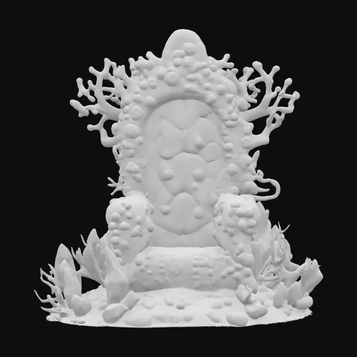 3D model for A fantasy throne intricately formed from gnarled, branching coral in vibrant reds and whites, interspersed with various pearlescent shells. Sharp, translucent sea crystals in shades of blue and green are embedded throughout, adding a magical sparkle. The coral is brittle and porous, the shells smooth and hard, and the crystals cool and sharp to the touch. #ocean#