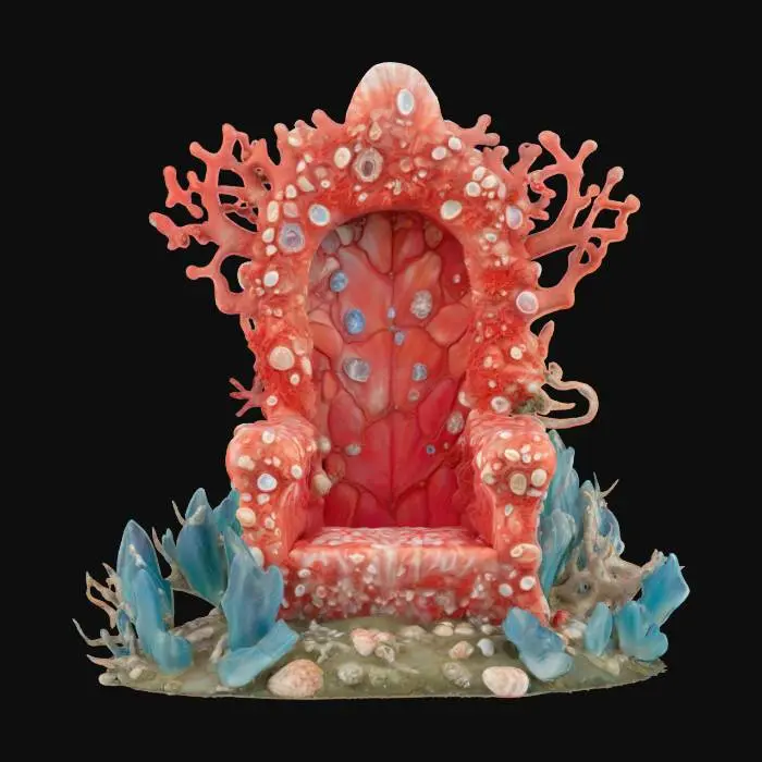3D model for A fantasy throne intricately formed from gnarled, branching coral in vibrant reds and whites, interspersed with various pearlescent shells. Sharp, translucent sea crystals in shades of blue and green are embedded throughout, adding a magical sparkle. The coral is brittle and porous, the shells smooth and hard, and the crystals cool and sharp to the touch. #ocean#