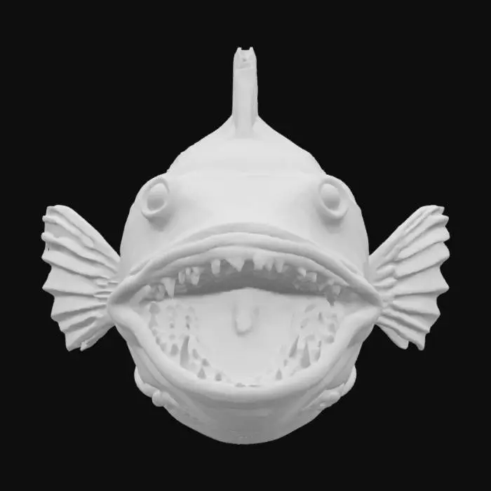 3D model for A deep-sea anglerfish with a bulbous, dark grey body covered in rough, leathery skin. Its large head features a massive mouth with rows of sharply pointed, conical teeth. A slender, flexible dorsal spine extends forward, culminating in a glowing, bioluminescent lure that emits a bright, pulsating light, contrasting with its otherwise murky appearance. #ocean#