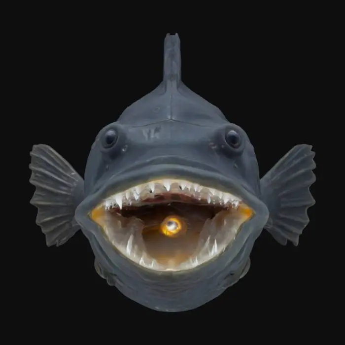 3D model for A deep-sea anglerfish with a bulbous, dark grey body covered in rough, leathery skin. Its large head features a massive mouth with rows of sharply pointed, conical teeth. A slender, flexible dorsal spine extends forward, culminating in a glowing, bioluminescent lure that emits a bright, pulsating light, contrasting with its otherwise murky appearance. #ocean#