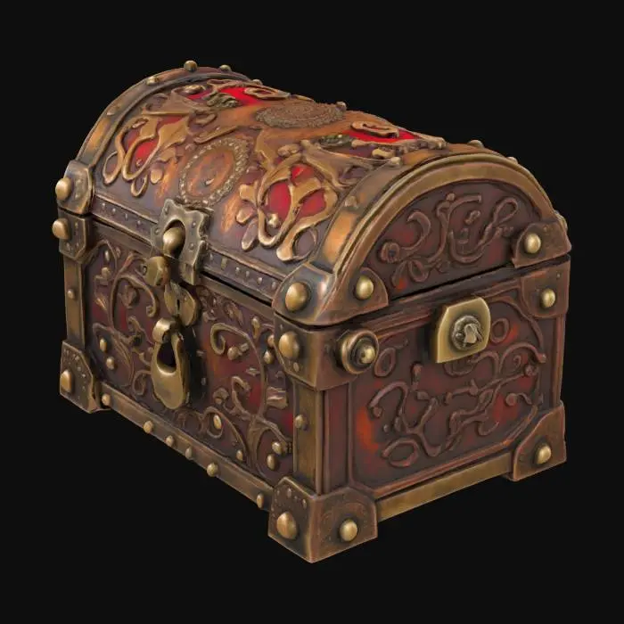 3D model for A magical chest made of bronze, featuring intricate relief patterns and dark red rust spots, with a metal latch shimmering with mysterious light.