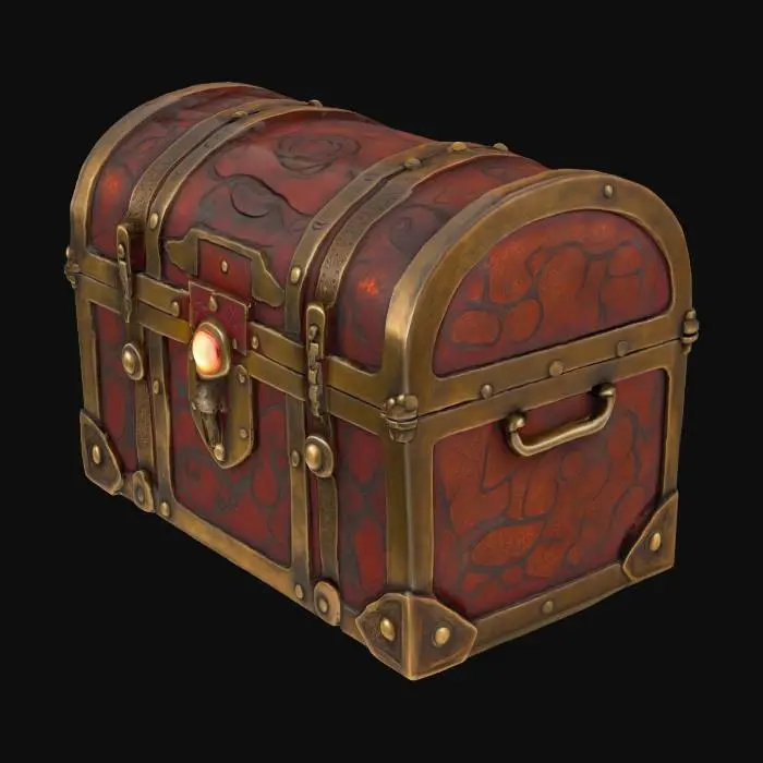 3D model for A magical chest made of bronze, featuring intricate relief patterns and dark red rust spots, with a metal latch shimmering with mysterious light.