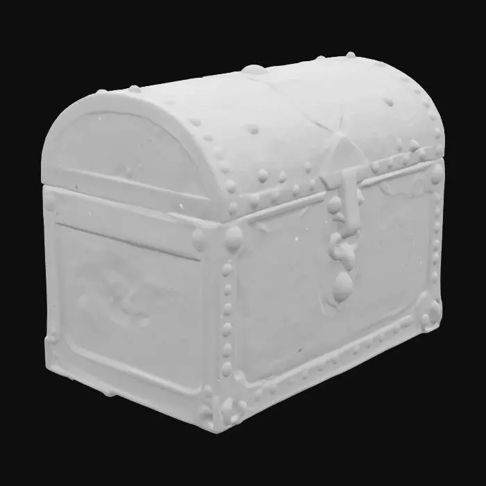 3D model for A magical chest made of bronze, featuring intricate relief patterns and dark red rust spots, with a metal latch shimmering with mysterious light.