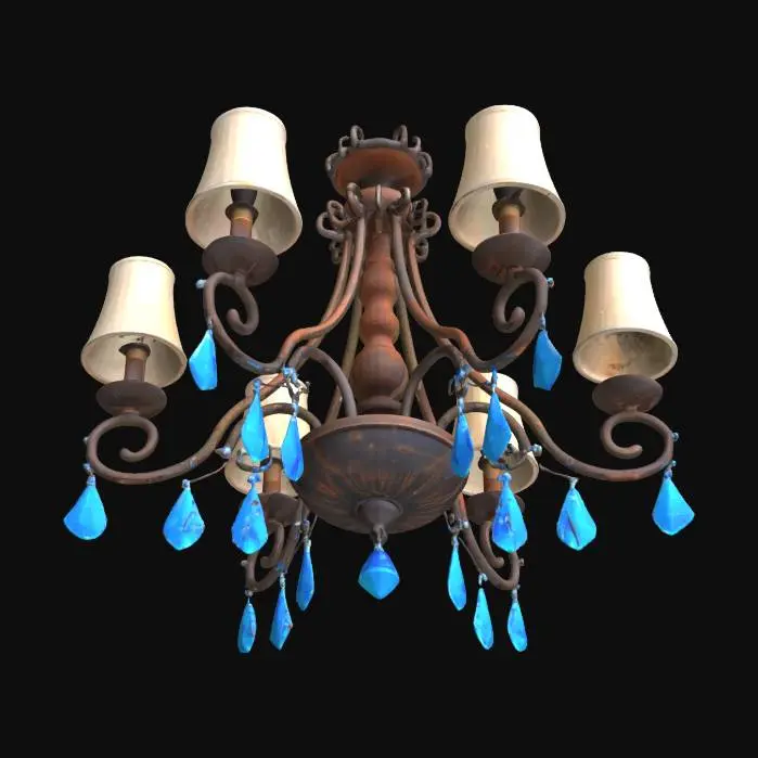3D model for A hanging metal chandelier crafted from wrought iron, rusty and matte finish, with lampshades adorned by blue magical crystals.