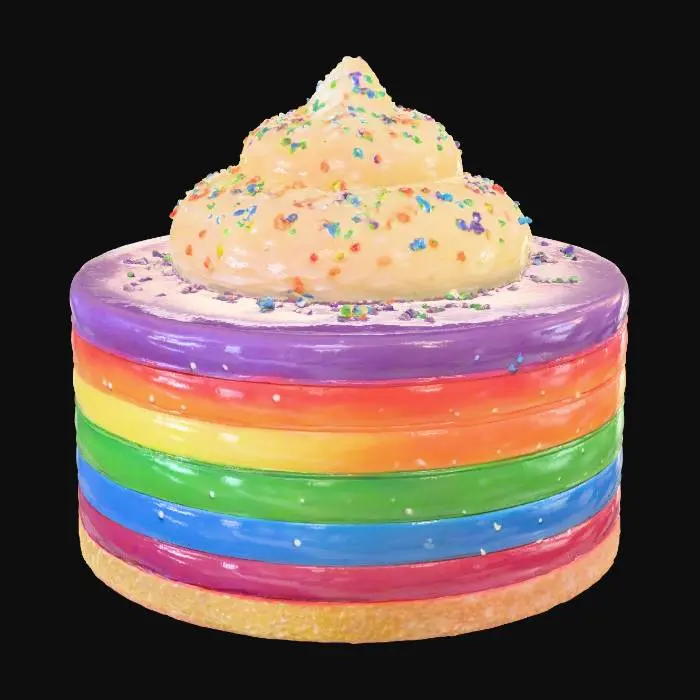 3D model for #food# Rainbow cheesecake, each colored layer radiating a different magical aura
