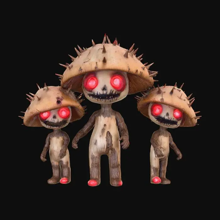 3D model for #Halloween2025# A set of ominous "Voodoo Mushroom Dolls," crudely fashioned from dried mushrooms and twigs, with tiny, glowing red eyes. Each doll is pierced with cursed thorns, used by dark practitioners for hexes and unsettling rituals on Halloween.
