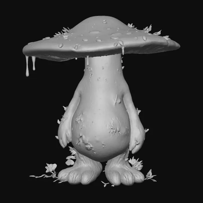 3D model for #Halloween2025#, A robust, earthy mushroom sprite, with a sturdy, flat-topped cap in shades of deep forest green and russet brown, patterned like tree bark. Its short, thick body is a solid, dark beige, resembling compacted soil, with a firm, slightly grainy texture. Small, sturdy root-like feet anchor it to the ground, conveying a sense of strength and unwavering connection to nature.