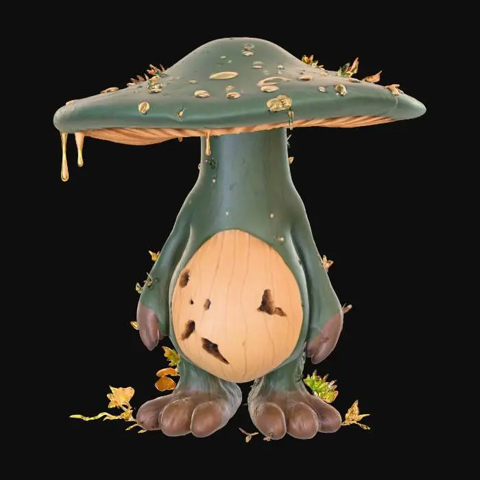 3D model for #Halloween2025#, A robust, earthy mushroom sprite, with a sturdy, flat-topped cap in shades of deep forest green and russet brown, patterned like tree bark. Its short, thick body is a solid, dark beige, resembling compacted soil, with a firm, slightly grainy texture. Small, sturdy root-like feet anchor it to the ground, conveying a sense of strength and unwavering connection to nature.