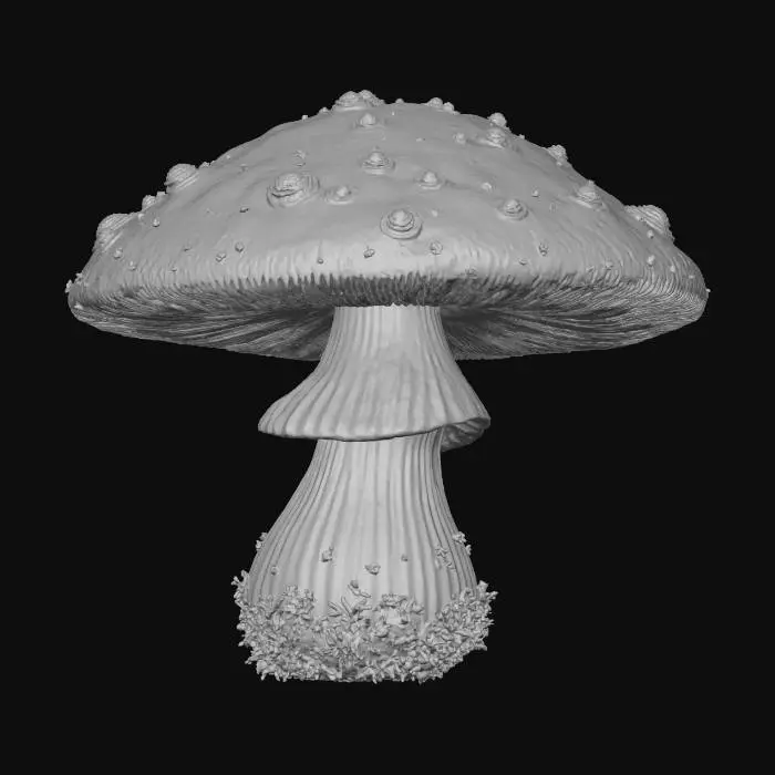 3D model for #Halloween2025#, A rusty-hued mushroom sprite, with a wide, uneven cap of deep terracotta orange, exhibiting subtle metallic sheen and patination. Its sturdy, cylindrical body is a mottled brown, textured like weathered iron. Small, metallic-looking spores cling to its form. The overall feel is antique and robust, like an ancient, forgotten sentinel of a mineral-rich forest.