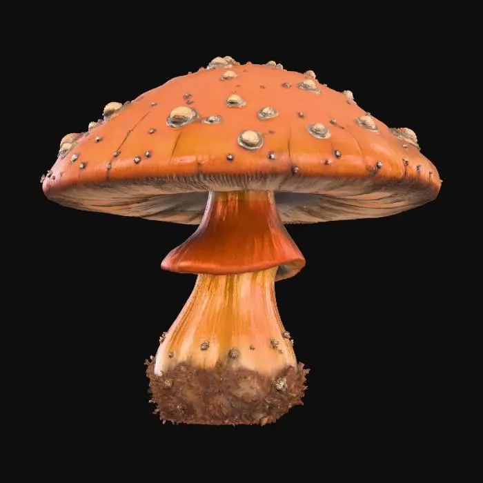 3D model for #Halloween2025#, A rusty-hued mushroom sprite, with a wide, uneven cap of deep terracotta orange, exhibiting subtle metallic sheen and patination. Its sturdy, cylindrical body is a mottled brown, textured like weathered iron. Small, metallic-looking spores cling to its form. The overall feel is antique and robust, like an ancient, forgotten sentinel of a mineral-rich forest.