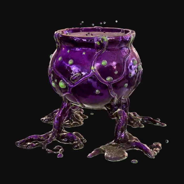 3D model for #Halloween2025#, A monstrous, otherworldly cauldron sculpted from glistening, dark purple and iridescent green bio-luminescent goo. Its amorphous, shifting structure constantly bubbles and pulses, resting on tentacle-like supports. The sticky, slimy texture is both repellent and fascinating, suggesting an alien origin from the deepest, most arcane corners of the cosmos.