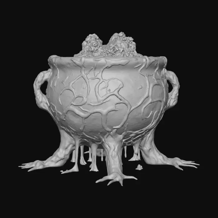 3D model for #Halloween2025#, A monstrous, otherworldly cauldron sculpted from glistening, dark purple and iridescent green bio-luminescent goo. Its amorphous, shifting structure constantly bubbles and pulses, resting on tentacle-like supports. The sticky, slimy texture is both repellent and fascinating, suggesting an alien origin from the deepest, most arcane corners of the cosmos.