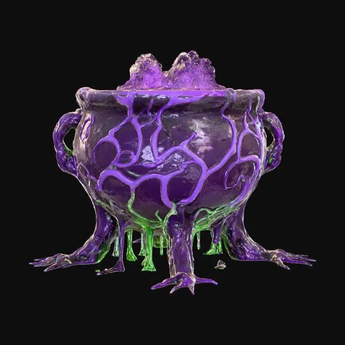 3D model for #Halloween2025#, A monstrous, otherworldly cauldron sculpted from glistening, dark purple and iridescent green bio-luminescent goo. Its amorphous, shifting structure constantly bubbles and pulses, resting on tentacle-like supports. The sticky, slimy texture is both repellent and fascinating, suggesting an alien origin from the deepest, most arcane corners of the cosmos.