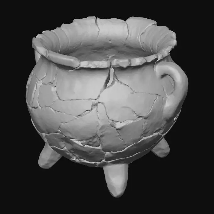 3D model for #Halloween2025#, An ancient, crumbling cauldron, seemingly dug from a forgotten ruin, made of weather-beaten grey stone and cracked clay. Its heavily eroded, irregular structure is partially overgrown with delicate moss and cobwebs, revealing a rough, porous texture. The faded, earthy colors suggest a long, forgotten history, holding secrets of a bygone era.
