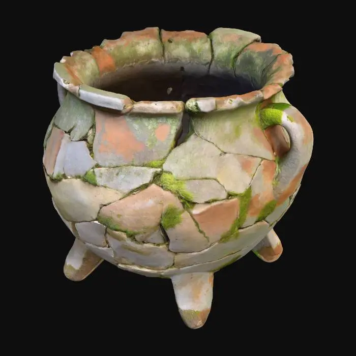 3D model for #Halloween2025#, An ancient, crumbling cauldron, seemingly dug from a forgotten ruin, made of weather-beaten grey stone and cracked clay. Its heavily eroded, irregular structure is partially overgrown with delicate moss and cobwebs, revealing a rough, porous texture. The faded, earthy colors suggest a long, forgotten history, holding secrets of a bygone era.