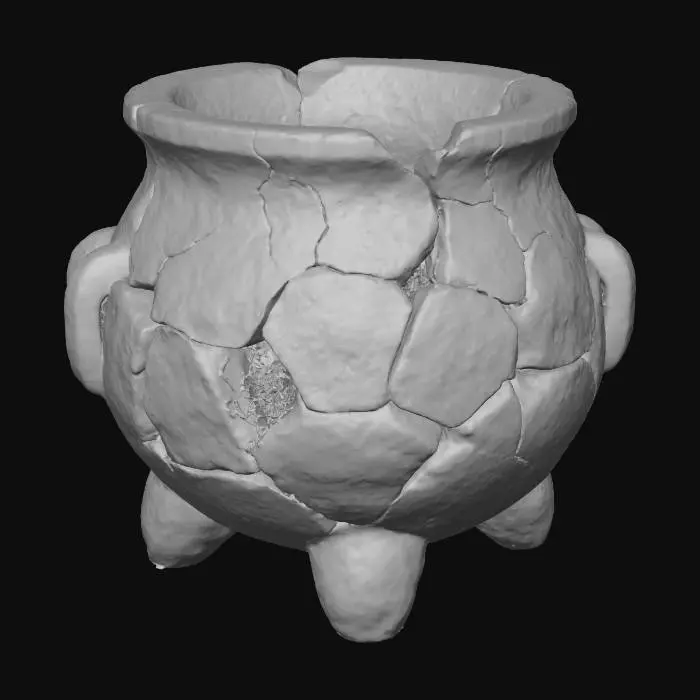 3D model for #Halloween2025#, An ancient, crumbling cauldron, seemingly dug from a forgotten ruin, made of weather-beaten grey stone and cracked clay. Its heavily eroded, irregular structure is partially overgrown with delicate moss and cobwebs, revealing a rough, porous texture. The faded, earthy colors suggest a long, forgotten history, holding secrets of a bygone era.