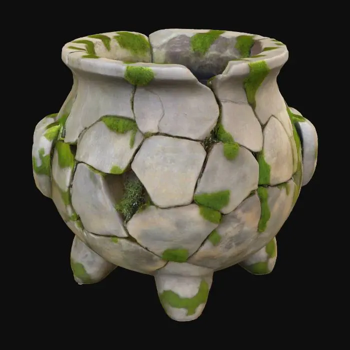 3D model for #Halloween2025#, An ancient, crumbling cauldron, seemingly dug from a forgotten ruin, made of weather-beaten grey stone and cracked clay. Its heavily eroded, irregular structure is partially overgrown with delicate moss and cobwebs, revealing a rough, porous texture. The faded, earthy colors suggest a long, forgotten history, holding secrets of a bygone era.