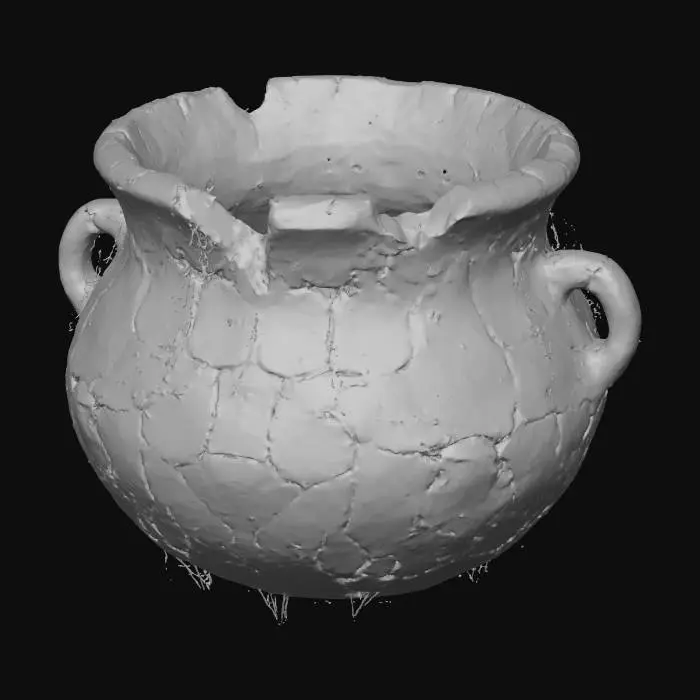 3D model for #Halloween2025#, An ancient, crumbling cauldron, seemingly dug from a forgotten ruin, made of weather-beaten grey stone and cracked clay. Its heavily eroded, irregular structure is partially overgrown with delicate moss and cobwebs, revealing a rough, porous texture. The faded, earthy colors suggest a long, forgotten history, holding secrets of a bygone era.