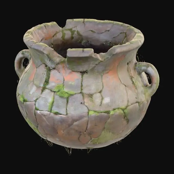 3D model for #Halloween2025#, An ancient, crumbling cauldron, seemingly dug from a forgotten ruin, made of weather-beaten grey stone and cracked clay. Its heavily eroded, irregular structure is partially overgrown with delicate moss and cobwebs, revealing a rough, porous texture. The faded, earthy colors suggest a long, forgotten history, holding secrets of a bygone era.