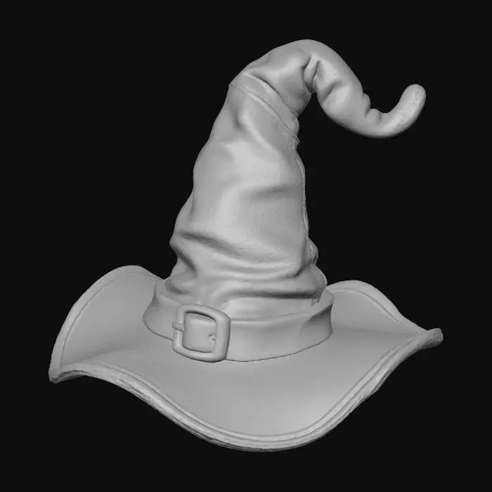 3D model for #Halloween2025#, A playfully puffy, plush witch's hat, made from soft, deep purple chenille that feels wonderfully soft to the touch. The pointed crown and wide brim are both generously stuffed, giving the hat a charmingly squishy and slightly floppy form. A fluffy, orange felt band wraps around the base, adorned with a soft, embroidered silver buckle.