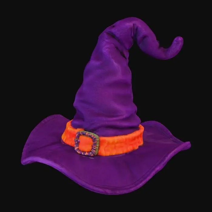 3D model for #Halloween2025#, A playfully puffy, plush witch's hat, made from soft, deep purple chenille that feels wonderfully soft to the touch. The pointed crown and wide brim are both generously stuffed, giving the hat a charmingly squishy and slightly floppy form. A fluffy, orange felt band wraps around the base, adorned with a soft, embroidered silver buckle.