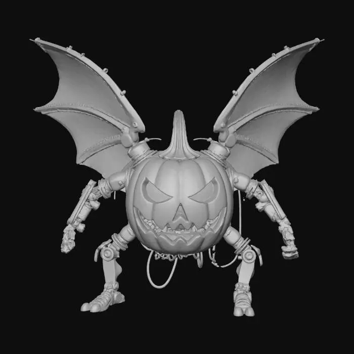 3D model for #Halloween2025# glowing jack-o’-lantern drone, mechanical wings, cyberpunk style, orange and cyan neon lights, PBR materials