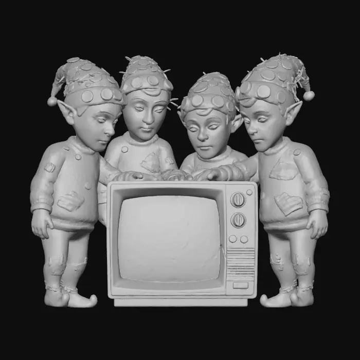 3D model for #Christmas2025# A group of retro 80s-style Christmas elves, their skin a pale, slightly glowing green, huddle around a cracked, flickering CRT TV displaying static and distorted holiday imagery. They wear tattered, hand-knitted red and green sweaters with patches of shiny, oil-stained synthetic fabric. Their pointed hats are adorned with rusted bottle caps and tangled strings of non-functioning fairy lights, giving off a faint, unsettling hum.