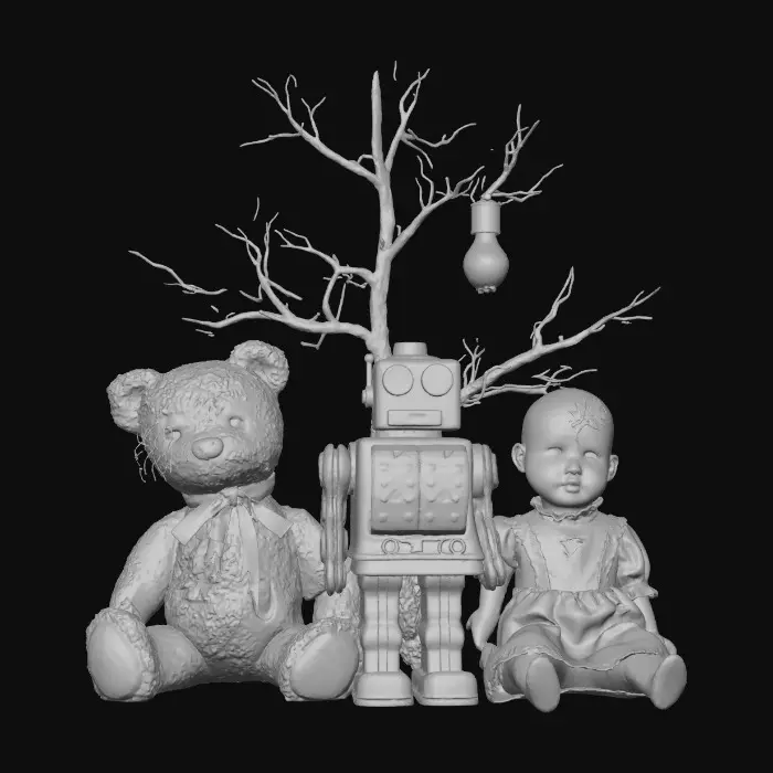 3D model for #Christmas2025# A group of distressed vintage toys—a teddy bear with one button eye missing, a tin robot with rusted joints, a porcelain doll with a cracked face—arranged ominously under a sparse, leafless Christmas tree. Their fabrics are stained and frayed, their metallic parts corroded, and their plastic features discolored. They seem to observe silently, bathed in the sickly green glow of a single, old-fashioned bulb.