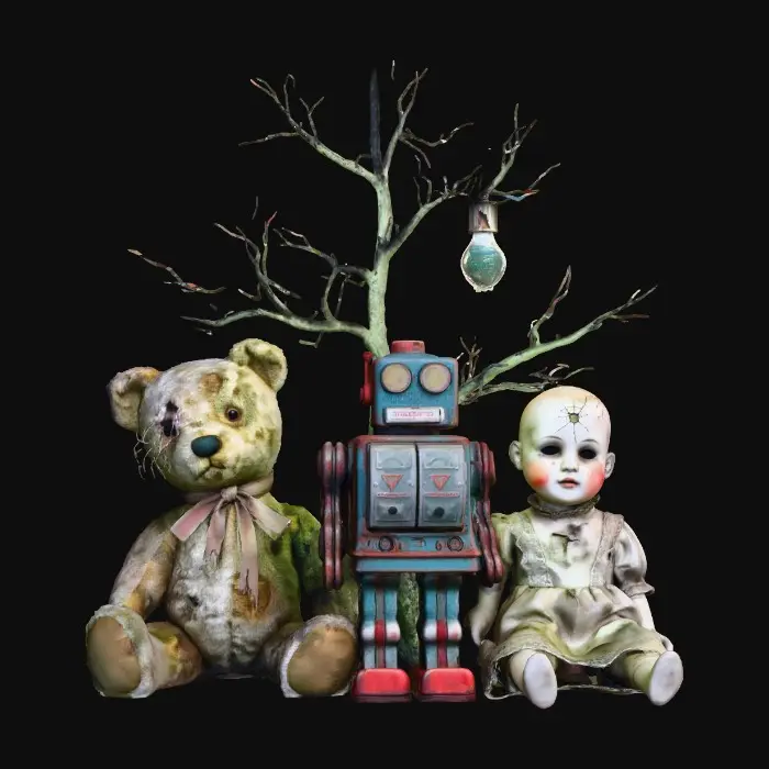 3D model for #Christmas2025# A group of distressed vintage toys—a teddy bear with one button eye missing, a tin robot with rusted joints, a porcelain doll with a cracked face—arranged ominously under a sparse, leafless Christmas tree. Their fabrics are stained and frayed, their metallic parts corroded, and their plastic features discolored. They seem to observe silently, bathed in the sickly green glow of a single, old-fashioned bulb.