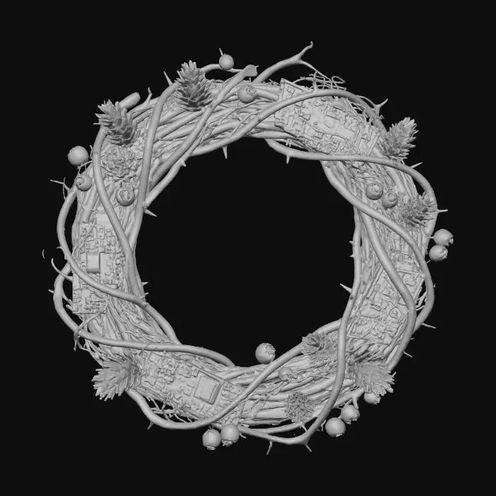 3D model for #Christmas2025# A festive Christmas wreath, woven from thorny, dark vines instead of traditional holly, is adorned with decaying pinecones and frost-covered, skeletal berries. Among the natural elements are embedded circuit boards and tangled wires, glowing faintly with an internal, unstable light. A large, unsettling spiderweb, shimmering with icy dew, stretches across its center, giving it a menacing yet strangely beautiful texture.