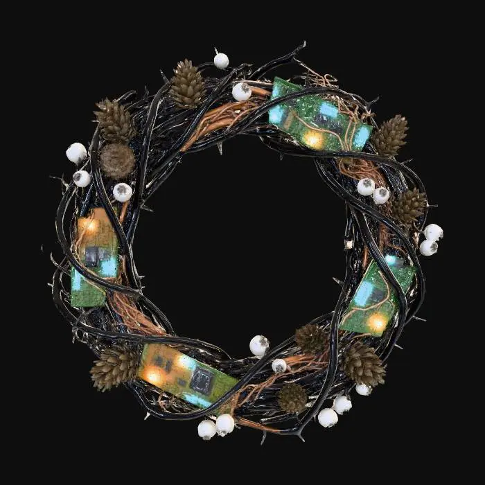 3D model for #Christmas2025# A festive Christmas wreath, woven from thorny, dark vines instead of traditional holly, is adorned with decaying pinecones and frost-covered, skeletal berries. Among the natural elements are embedded circuit boards and tangled wires, glowing faintly with an internal, unstable light. A large, unsettling spiderweb, shimmering with icy dew, stretches across its center, giving it a menacing yet strangely beautiful texture.