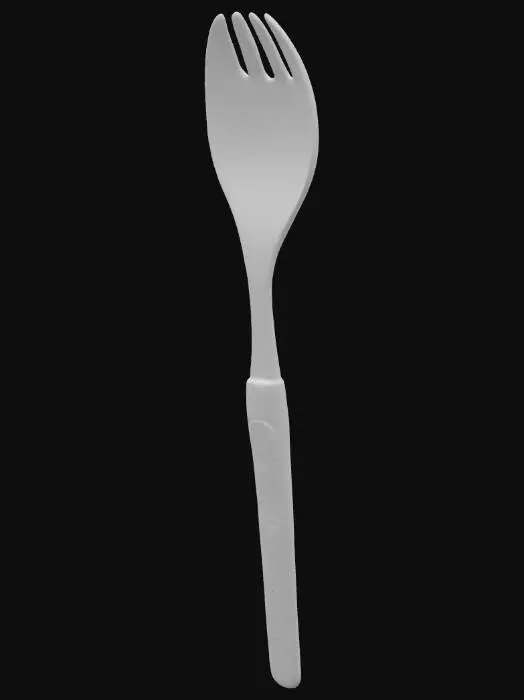 3D model for 生成一个户外使用的带叉子功能的勺子，长度在10cm以内，勺把上面有一个刻度尺