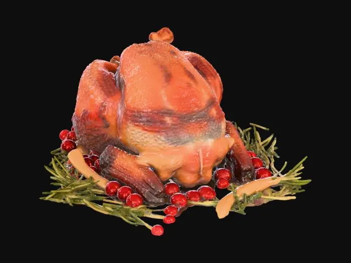 3D model for thanksgiving turkey stuffed with stuffing, garnished with rosemary sprigs and fresh cranberries