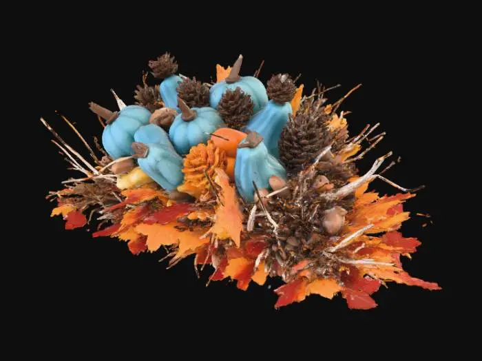 3D model for thanksgiving table centerpiece made with fall leaves, pinecones, blue pumpkins and other fall decor #thanksgiving, #Thanksgiving#