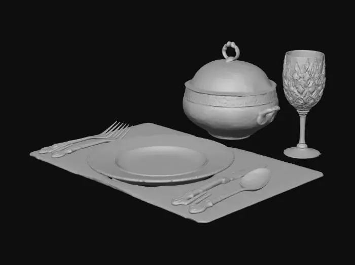 3D model for traditional chinoiserie fine china table setting, plate, chaffing dish, placemat, fork knife and spoon silverware, crystal wine glass , #Thanksgiving#