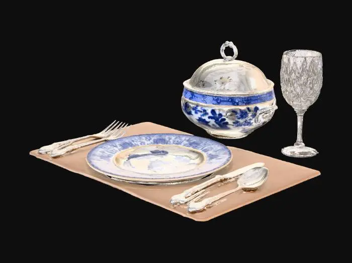 3D model for traditional chinoiserie fine china table setting, plate, chaffing dish, placemat, fork knife and spoon silverware, crystal wine glass , #Thanksgiving#