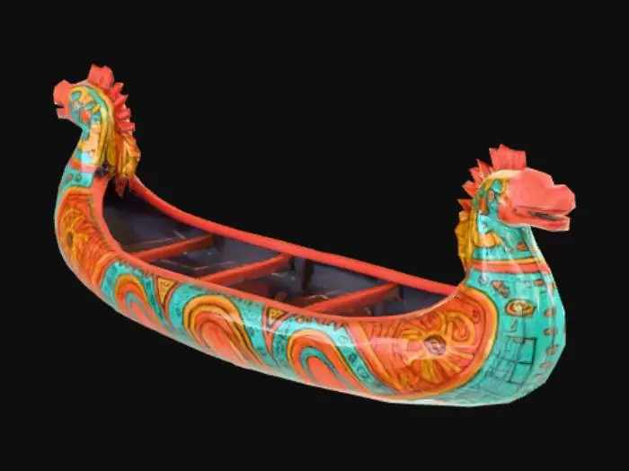 3D model for ancient aztec canoe with colorful tribal designs