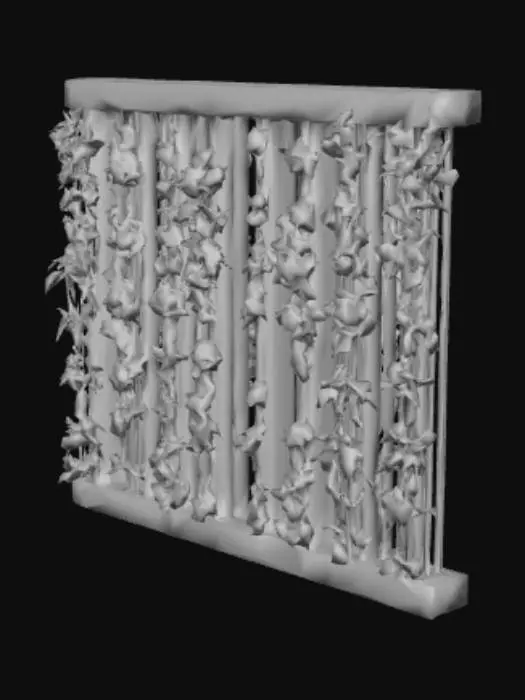 3D model for hydroponic grow wall, evenly spaced holes with lush heads of lettuce growing out of each hole