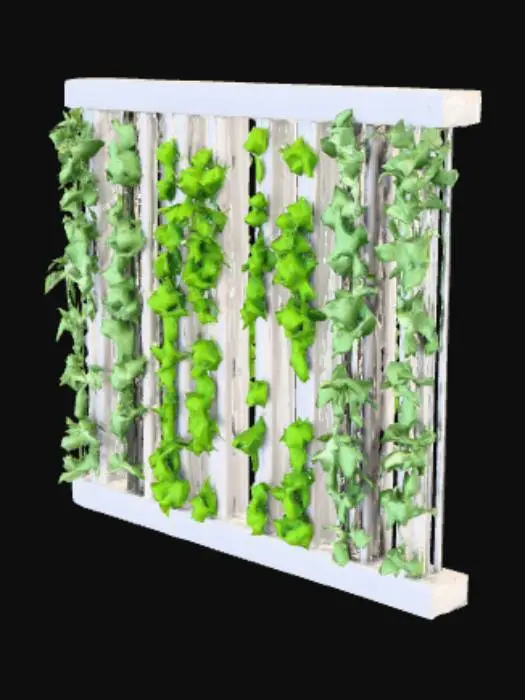 3D model for hydroponic grow wall, evenly spaced holes with lush heads of lettuce growing out of each hole