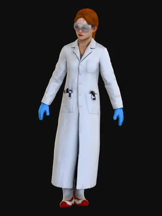 3D model for white female lab professional wearing a white lab coat, clear goggles, ginger red hair in a ponytail, T pose