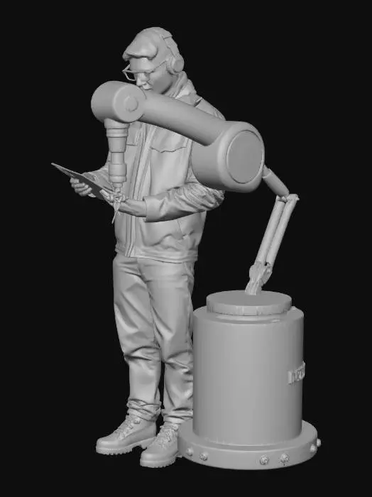 3D model for A realistic 3D model of a Hispanic male automation engineer in his early 30s, standing in an industrial manufacturing environment. He is inspecting an industrial robotic arm with a focused, confident expression. The engineer is wearing safety glasses, over-ear protective headphones, a light gray industrial jacket with navy accents, dark work pants, and steel-toe boots. He is holding a tablet displaying automation system data and diagrams. The robotic arm is metallic orange and gray, detailed with joints, cables, and sensors. Style is realistic, professional, and career-focused. Neutral pose, clean geometry, suitable for VR and real-time applications, PBR materials, medium poly count.