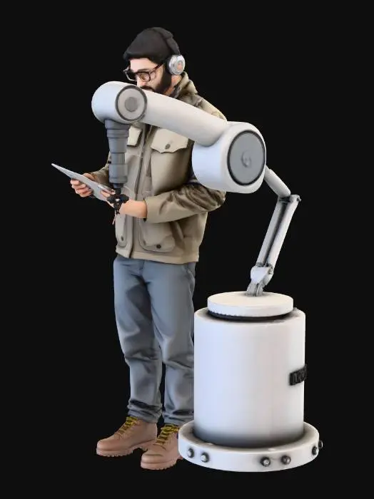 3D model for A realistic 3D model of a Hispanic male automation engineer in his early 30s, standing in an industrial manufacturing environment. He is inspecting an industrial robotic arm with a focused, confident expression. The engineer is wearing safety glasses, over-ear protective headphones, a light gray industrial jacket with navy accents, dark work pants, and steel-toe boots. He is holding a tablet displaying automation system data and diagrams. The robotic arm is metallic orange and gray, detailed with joints, cables, and sensors. Style is realistic, professional, and career-focused. Neutral pose, clean geometry, suitable for VR and real-time applications, PBR materials, medium poly count.