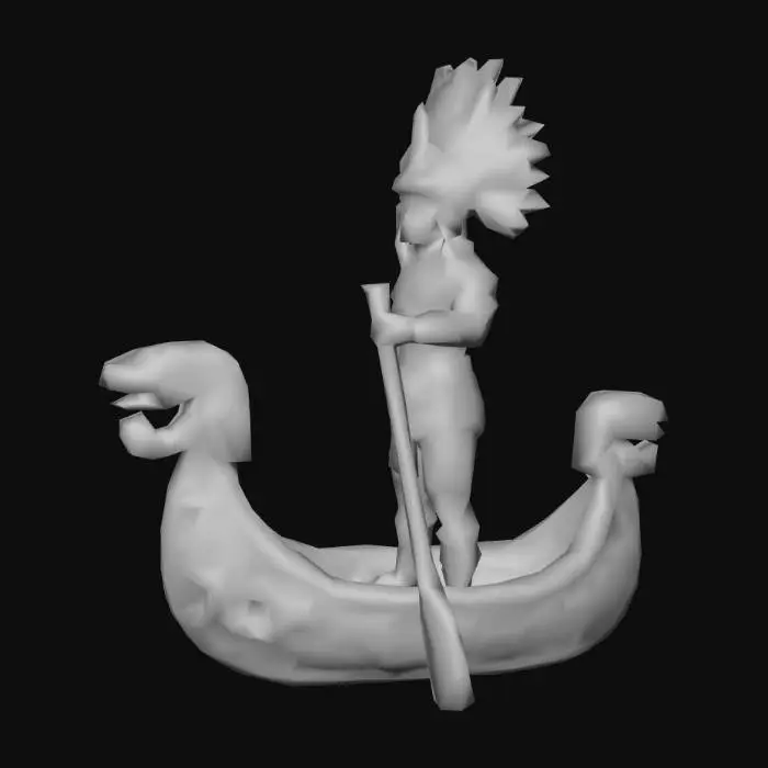 3D model for canoe with ancient aztec man standing in the canoe, oar in hand