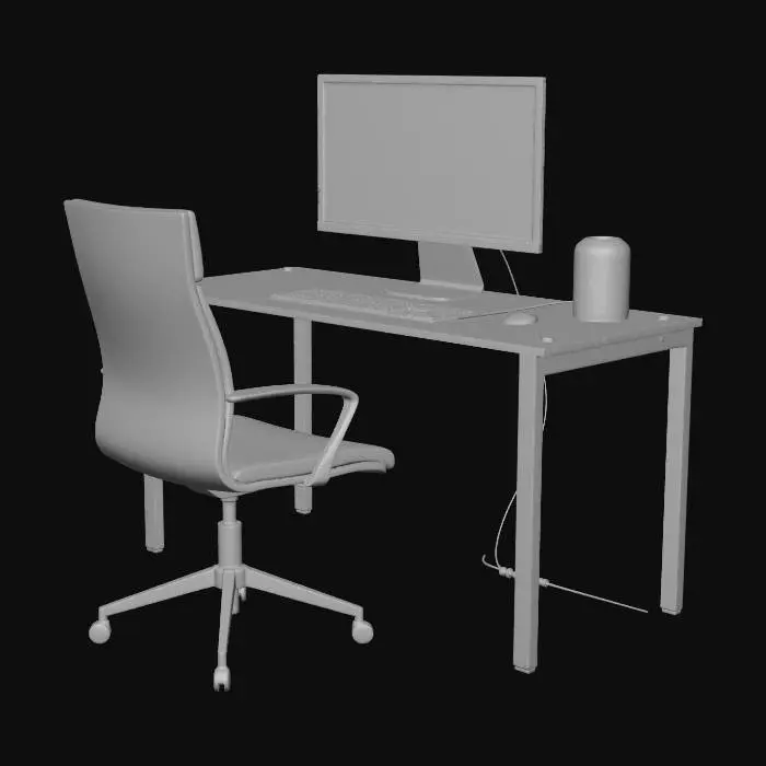 3D model for modern computer set up on a desk with a desk chair
