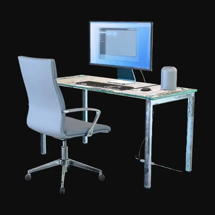3D model for modern computer set up on a desk with a desk chair