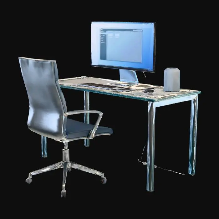 3D model for modern computer set up on a desk with a desk chair