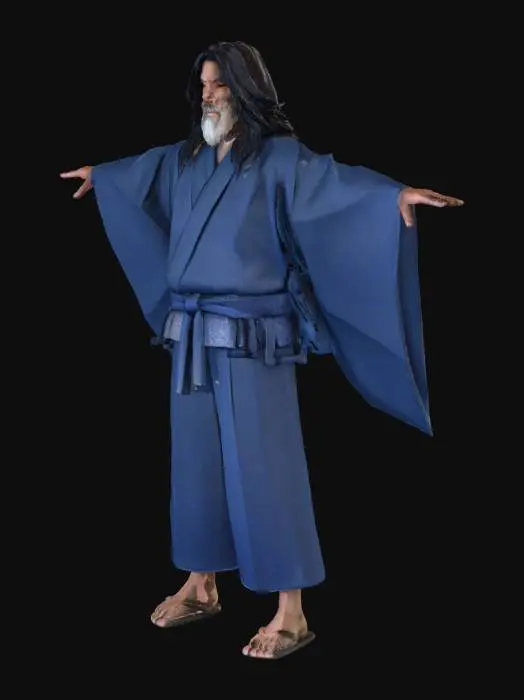 3D model for Japanese male samurai-inspired character, long flowing black hair, slightly unkempt with a bit of beard and stubble, wearing a dark blue to almost black kimono with natural cloth folds, realistic anatomy, stylized realism, clean topology, optimized for animation, T-pose, no weapons, no props, high detail fabric textures, realistic fabric shaders, subtle lighting, PBR textures, high poly, 8K texture quality, photorealistic, HDRI lighting, smooth rig-friendly mesh, realistic proportions, studio lighting setup, cinematic quality, neutral background.
Negative Prompt:
Blurry, low resolution, low poly, unrealistic proportions, stiff pose, extra weapons, accessories, messy topology, distorted geometry, overlapping UVs, overexposed lighting, bad quality, cartoonish, exaggerated features, ugly.