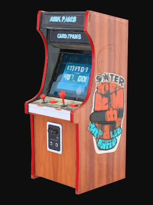 3D model for Yıpranmış laminat ahşaptan yapılmış, canlı kırmızı ve mavi yan resimlere sahip, klasik bir dik atari makinesi. Ekranı, Snake'ten Flappy Bird'e kadar pikselleşmiş çeşitli oyunların dinamik bir karışımını gösterir. Kırmızı top başlı bir joystick, altı büyük, renkli düğme ve metal bir jeton yuvası ile krom kenarlı bir kontrol paneli bulunuyor. Plastik yüzeylerde hafif çizikler, ahşapta ise ince aşınma izleri mevcut olup, makinaya nostaljik ve dokunsal bir hava katıyor.