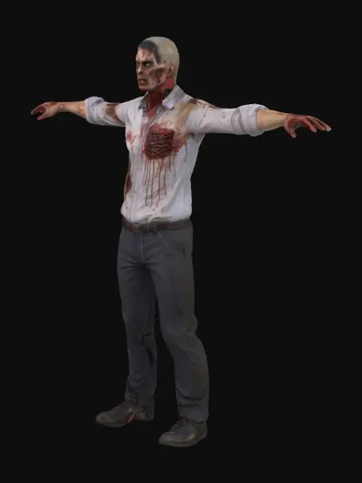 3D model for male office worker zombie, blood stains, torn skin, scars, dressed in office shirt and trousers, Ultra Realistic, Highly Detailed, T-pose, Full Body, Symmetrical Body,   #realistic#